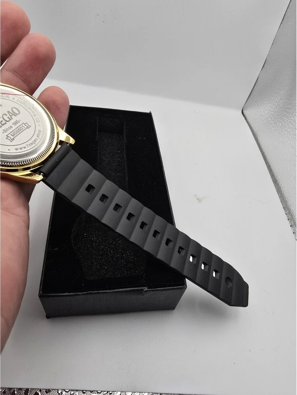 Fzegao Quartz Digital Sport Wristwatch Black Silicone Band Gold Case Alarm 50m